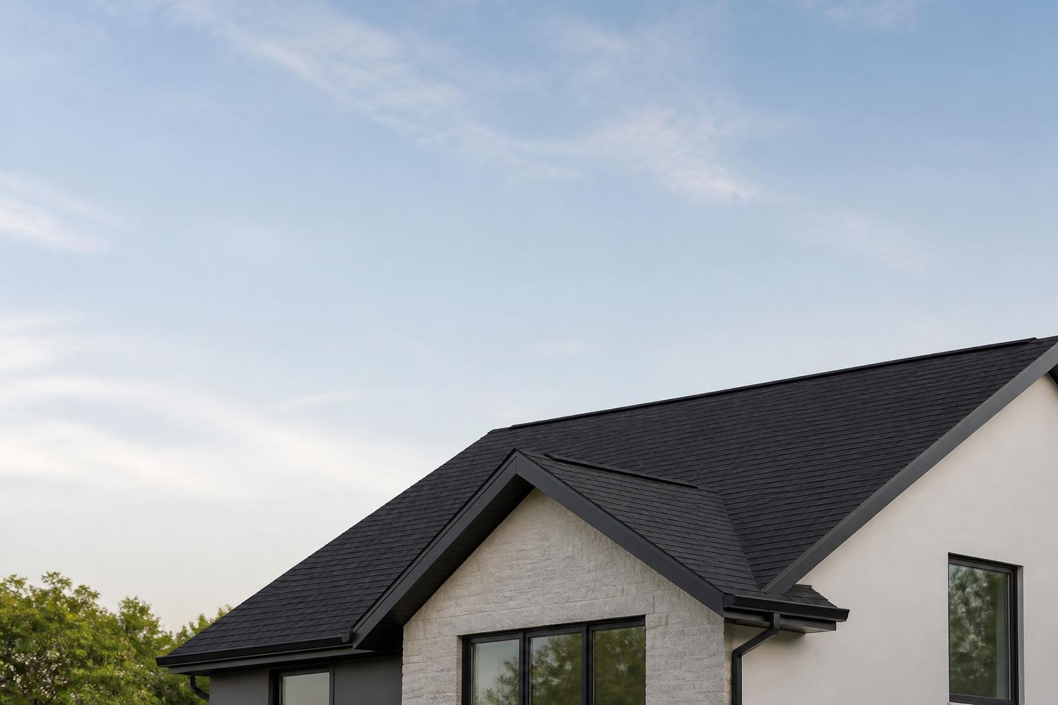 Modern home roof with open sky space for text.